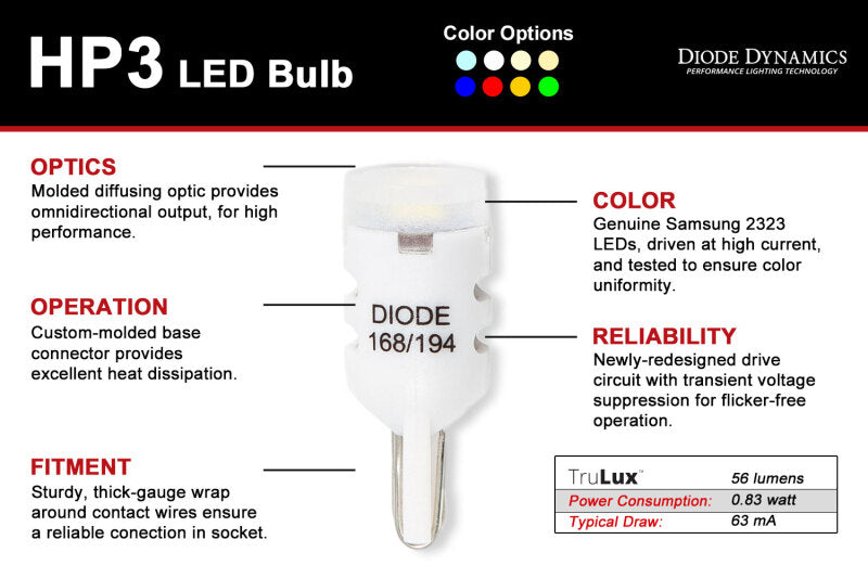 18-25 Ford F-150 Diode Dynamics DD0327P 194 LED Bulb HP3 LED Warm - White Short (Pair)